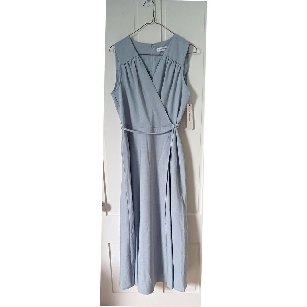 Calvin Klein Size 10 Robin's Egg Blue Sleeveless Full Length Wrap Tie Dress
